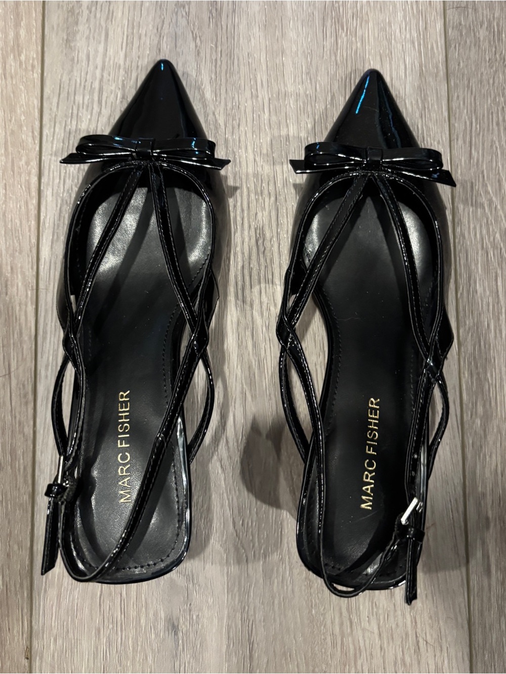 Marc Fisher Black Patent Pointed-Toe Bow Slingback Flats with Crisscross Straps